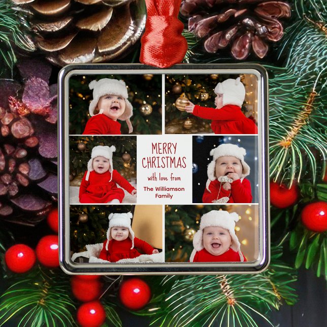 Merry Christmas Photo Collage Cute Personalised Metal Tree Decoration (Creator Uploaded)