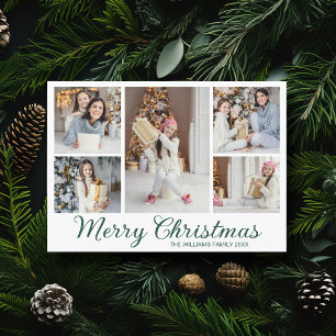 Merry Christmas Photo Collage Elegant Green Script Holiday Card