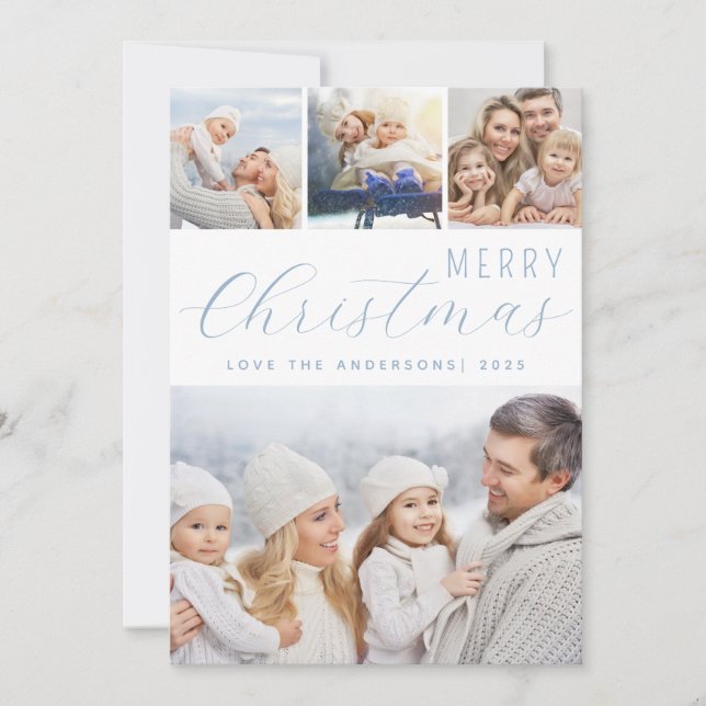 Merry Christmas Photo Collage Frosty Blue Holiday Card (Front)