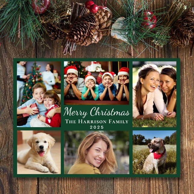 Merry Christmas Photo Collage Green Holiday Card (This holiday season, let your family's smiles and heartwarming memories shine on our 6 photo card)