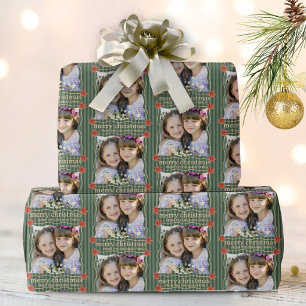 Merry Christmas Photo Collage Green Stripes Wrapping Paper