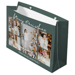 Merry Christmas Photo Collage Grey Green Modern Large Gift Bag