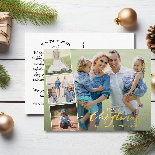 Merry Christmas Photo Collage Hand Lettered Gold Foil Holiday Postcard (Creator Uploaded)