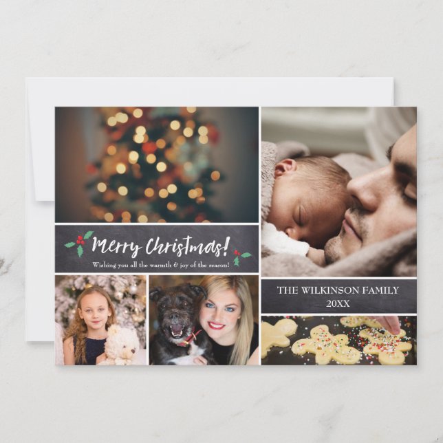 Merry Christmas, Photo Collage, Modern Script Holiday Card (Front)
