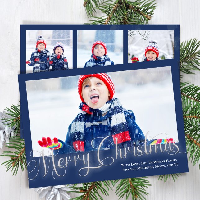 Merry Christmas Photo Collage Navy Blue Script Holiday Card (Merry Christmas in shimmering silver with Navy Blue. )