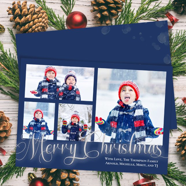 Merry Christmas Photo Collage Navy Blue Script Holiday Card (Merry Christmas in shimmering silver with Navy Blue. )