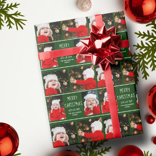 Merry Christmas Photo Collage Personalised Green Wrapping Paper