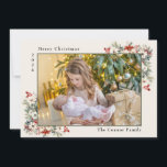 Merry Christmas Photo Collage Poinsettias  Holiday Card<br><div class="desc">Elegant 5-photo Christmas greeting card with text, "Merry Christmas." Personalised with the year and family name, as well. Photos are on the front and back of the card. Accented with red and white poinsettias and greenery. Contact me for assistance with your customisations or to request additional matching or coordinating Zazzle...</div>