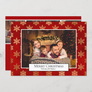 Merry Christmas Photo Collage Red Gold Snowflakes Invitation