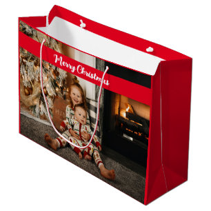 Merry Christmas Photo Collage Red Happy Holiday  Large Gift Bag