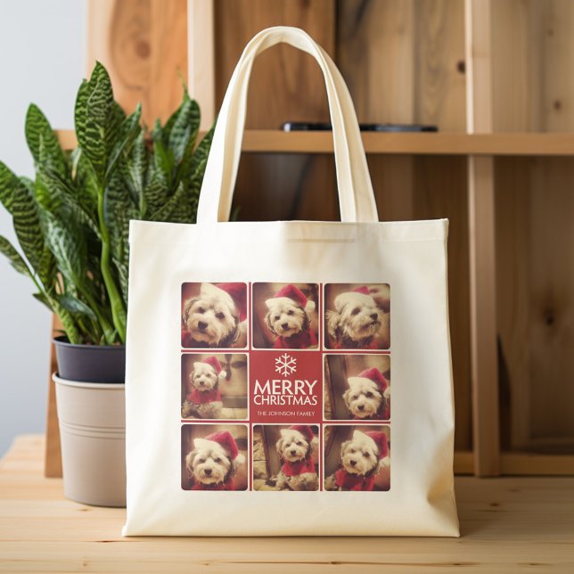 Merry Christmas Photo Collage Red White Tote Bag (Personalized tote bag with photos and custom text)