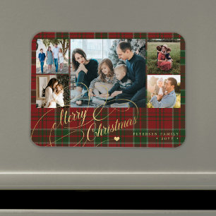 Merry Christmas photo collage rustic plaid Magnet