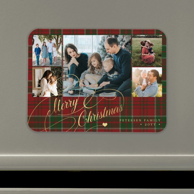 Merry Christmas photo collage rustic plaid Magnet (Creator Uploaded)
