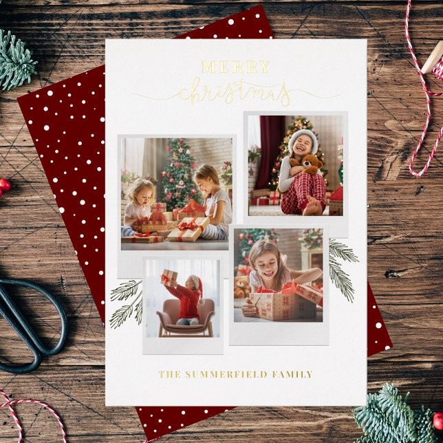 Merry Christmas Photo Collage Script Gold (Christmas Greetings Grand Kids Photo Collage Card)