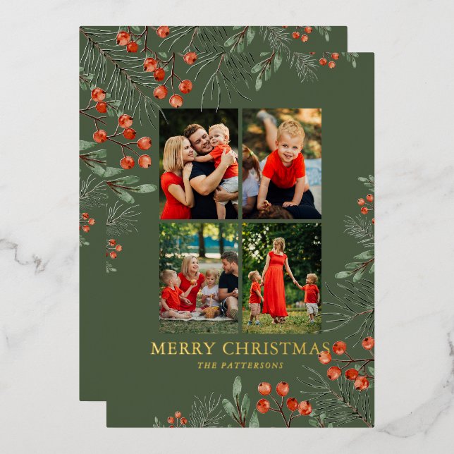 Merry Christmas Photo Collage Watercolor Floral (Front/Back)