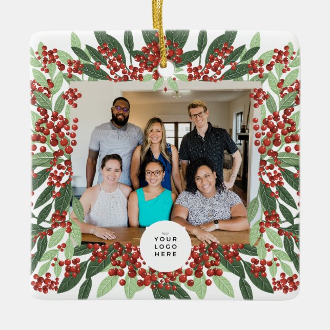 Merry Christmas Photo Custom Logo Corporate Ceramic Ornament (Front)