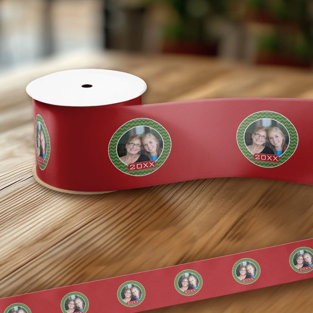 Merry Christmas Photo Custom Year - Green Red Satin Ribbon (Custom Ribbon - Add Your Own Text)