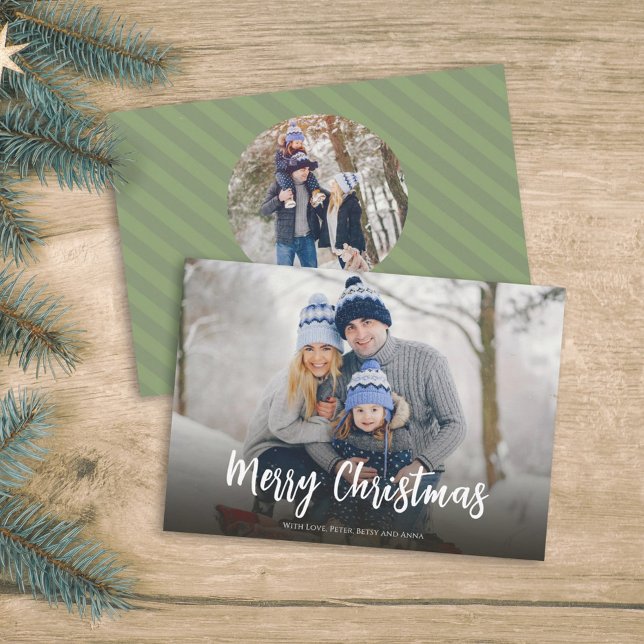 Merry Christmas Photo Cute Green Stripes Holiday Card (Creator Uploaded)