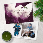 Merry Christmas Photo Dove Magenta Green Holiday Card<br><div class="desc">These 7" x 5" flat Christmas greeting cards feature an abstract dove in shades of magenta. "Merry Christmas" in green and magenta along with a green olive branch. Customise with your family name and year. The back has three photos,  one portrait,  two landscape.</div>