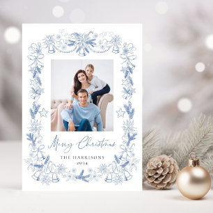 Merry Christmas Photo Dusty Blue Chinoiserie Frame Holiday Card