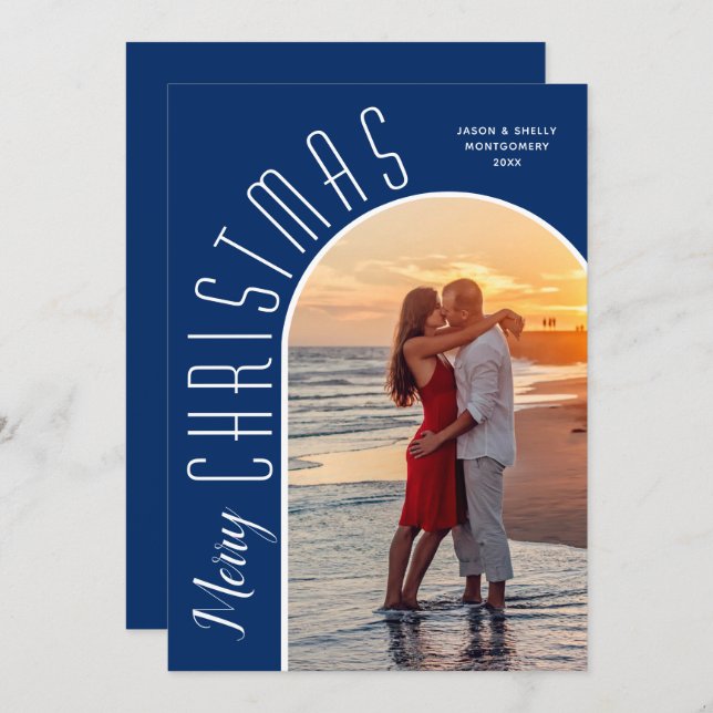 Merry Christmas Photo Dusty Navy Blue Holiday Card (Front/Back)