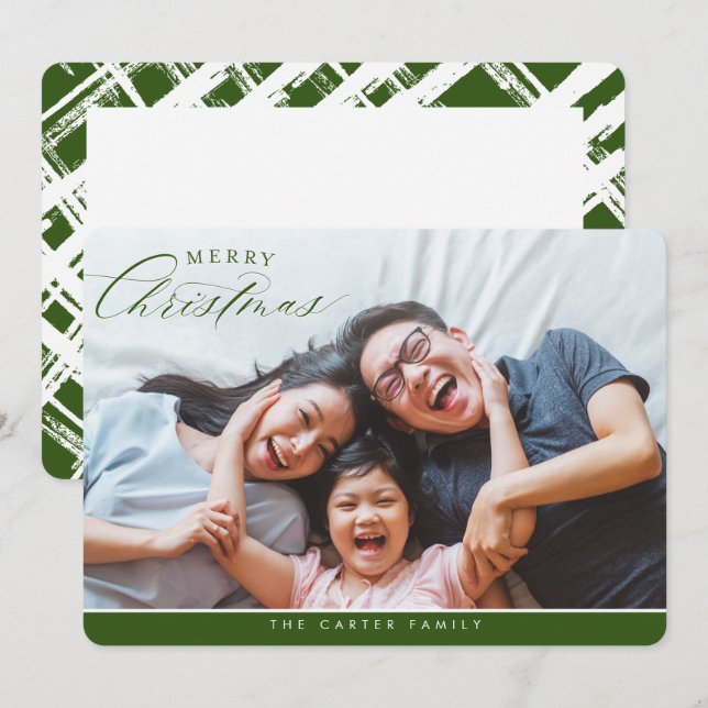 MERRY CHRISTMAS PHOTO elegant calligraphy green Holiday Card (Front/Back)