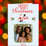 Merry Christmas Photo  Family Snowman Holiday Card<br><div class="desc">Celebrate the magic of the season with this joyful Merry Christmas photo card! Featuring an adorable snowman and Santa illustration, festive holly accents, and space to highlight your favourite family photo, this card is the perfect way to send love and cheer. Personalise the year and make it uniquely yours. Whether...</div>