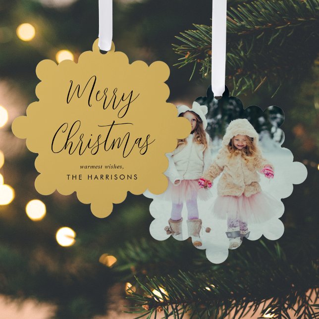 Merry Christmas Photo Gold Holiday Tree Decoration Card (Share the love and warmth of the holiday season with a photo paper ornament card)