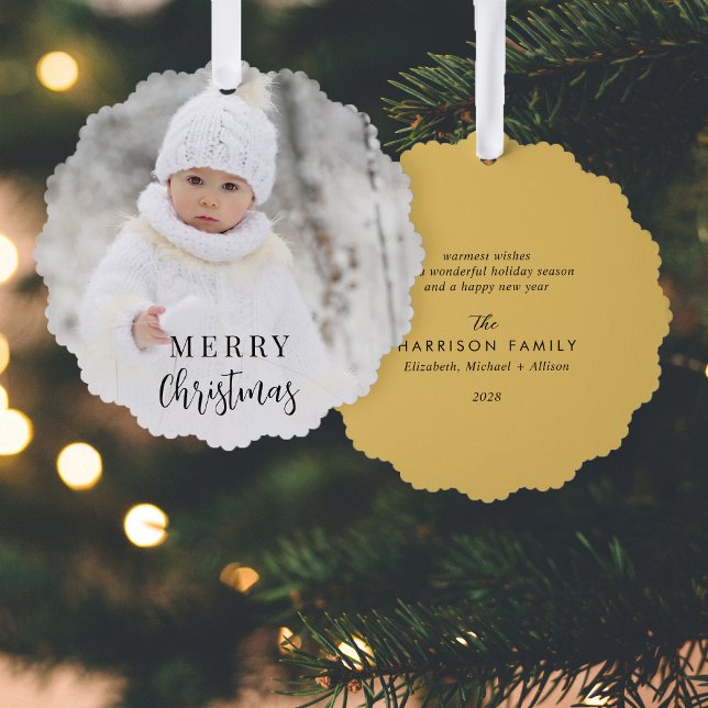 Merry Christmas Photo Gold Holiday Tree Decoration Card (Share the love and warmth of the holiday season with a photo paper ornament card)