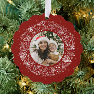 Merry Christmas Photo Gold wreath Red Tree Decoration Card