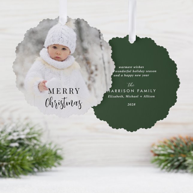 Merry Christmas Photo Green Holiday Tree Decoration Card (Share the love and warmth of the holiday season with a photo paper ornament card)
