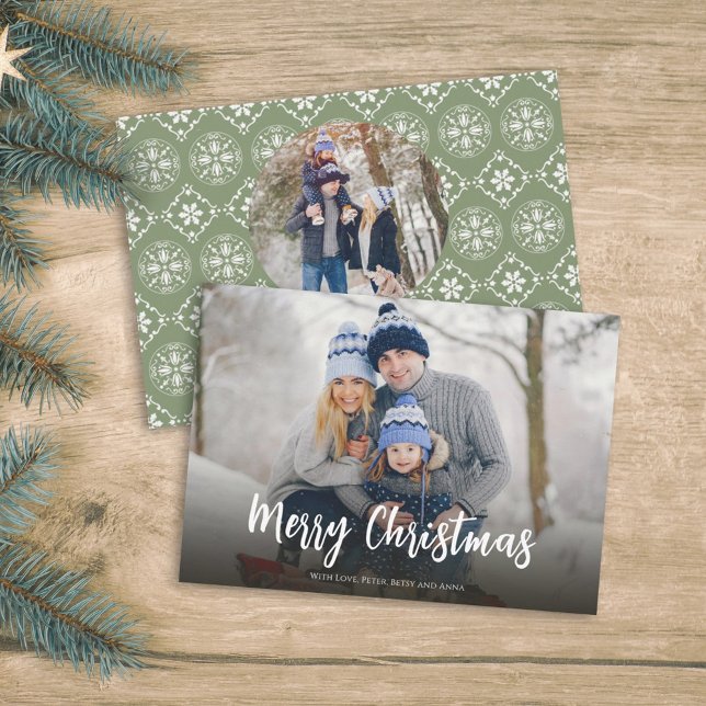 Merry Christmas Photo Green Snowflakes Holiday Card (Creator Uploaded)