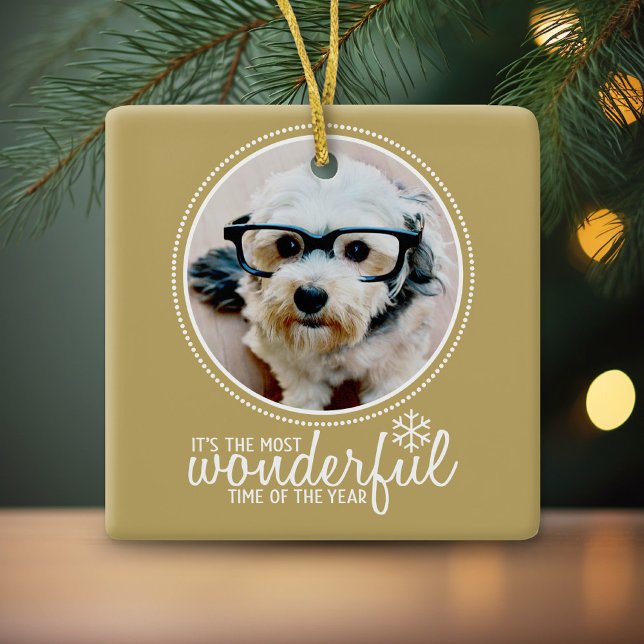 Merry Christmas Photo Greeting Card Gold Ceramic Ornament (Photo Ornament with Gold Background)