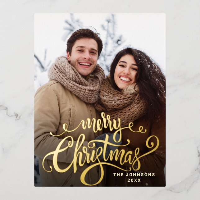 Merry Christmas PHOTO Greeting Gold Foil Holiday Postcard (Front)