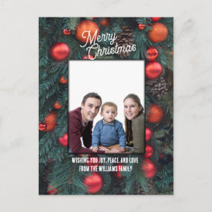 Merry Christmas photo greeting red ornaments  Holiday Postcard