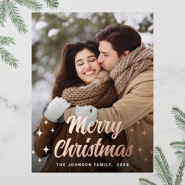 Merry Christmas PHOTO Greeting Rose Gold Foil Holiday Postcard (Customizable Christmas holiday greeting photo card with real foil print.)
