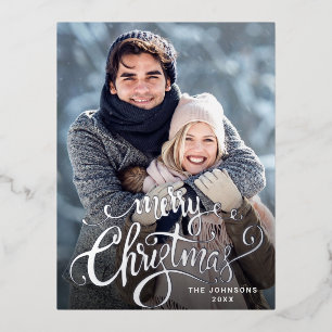 Merry Christmas PHOTO Greeting Silver Foil Holiday Postcard