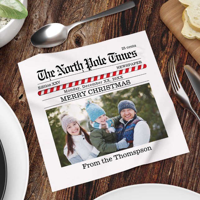 Merry Christmas Photo Holiday Party Whimsical News Napkin (Merry Christmas cute whimsical newspaper cocktail napkins. )