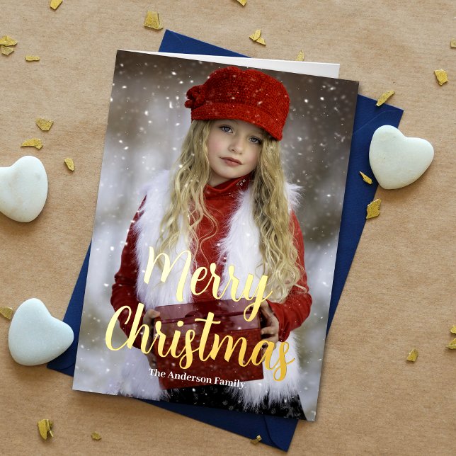 Merry Christmas Photo Holiday Real Gold  Foil Greeting Card (Enhance holiday wishes with our photo card, featuring "Merry Christmas" in gold foil for added charm)