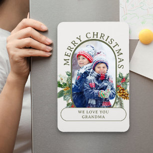 Merry Christmas Photo Holly and Pine Personalised Magnet