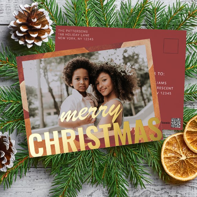 Merry Christmas Photo Modern Abstract Watercolor Foil Holiday Postcard (Creator Uploaded)