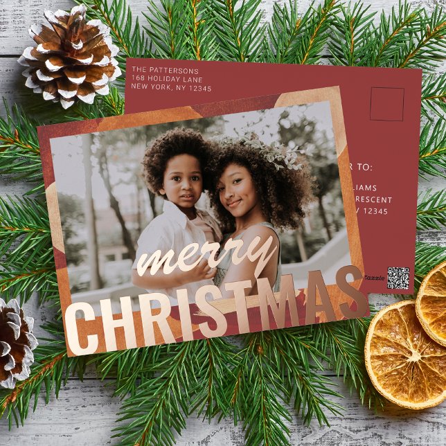 Merry Christmas Photo Modern Abstract Watercolor Foil Holiday Postcard (Creator Uploaded)