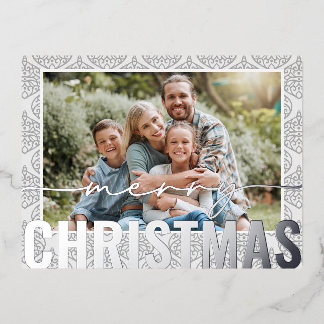 Merry Christmas Photo Modern Festive Pattern Foil Holiday Postcard (Front)