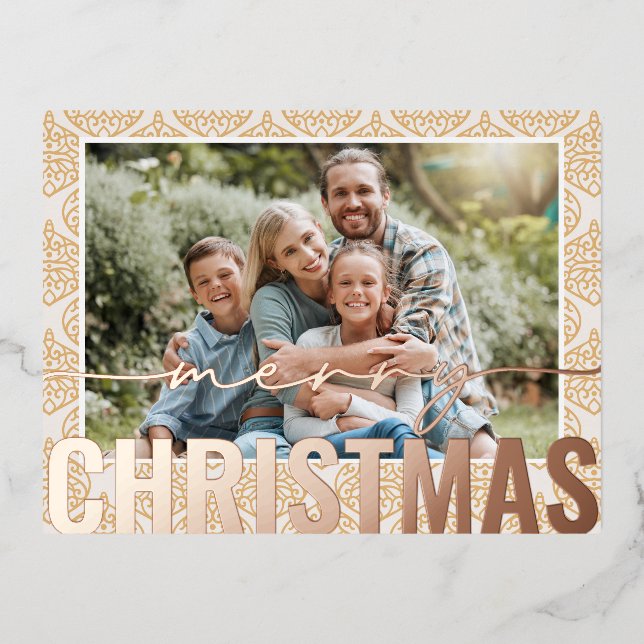 Merry Christmas Photo Modern Gold Festive Pattern Foil Holiday Postcard (Front)