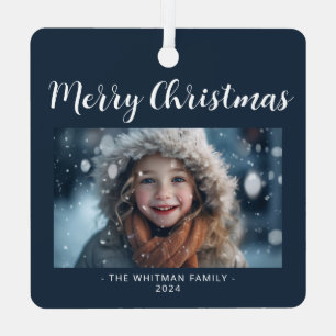 Merry Christmas Photo Modern Holiday Dark Blue Metal Tree Decoration