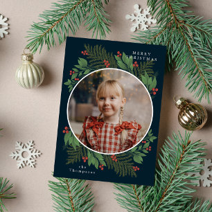 Merry Christmas Photo Navy Greenery Pine & Spruce  Holiday Card