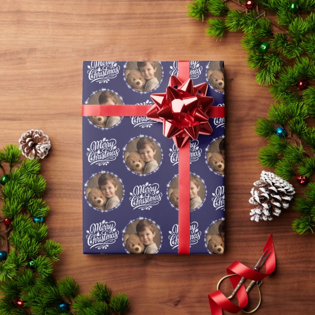 Merry Christmas Photo Navy Sparkle Gift Wrapping Paper (Holiday Gift)