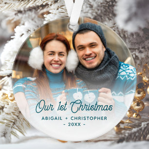 Merry Christmas Photo Newlywed Turquoise Script Ornament