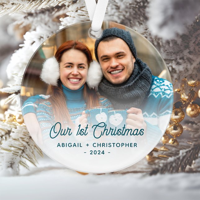 Merry Christmas Photo Newlywed Turquoise Script Ornament (Creator Uploaded)