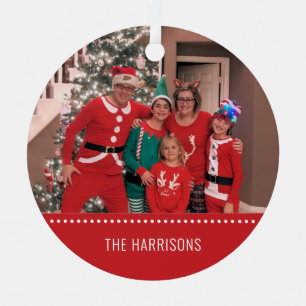 Merry Christmas Photo Personalised Round Red Metal Tree Decoration